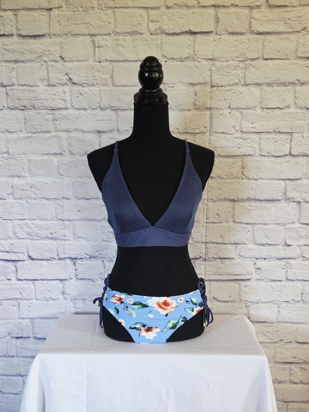 NWT 3pc. Strappy Navy Halter Bikini + Two Blue Floral Bottoms XL & L